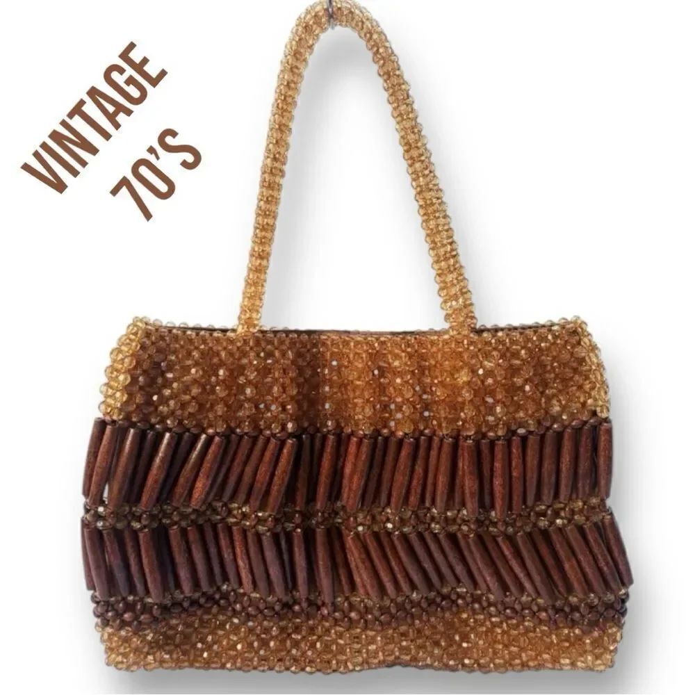 VINTAGE 70’s Bohemian Handmade Wood Beaded Shoulder Tote